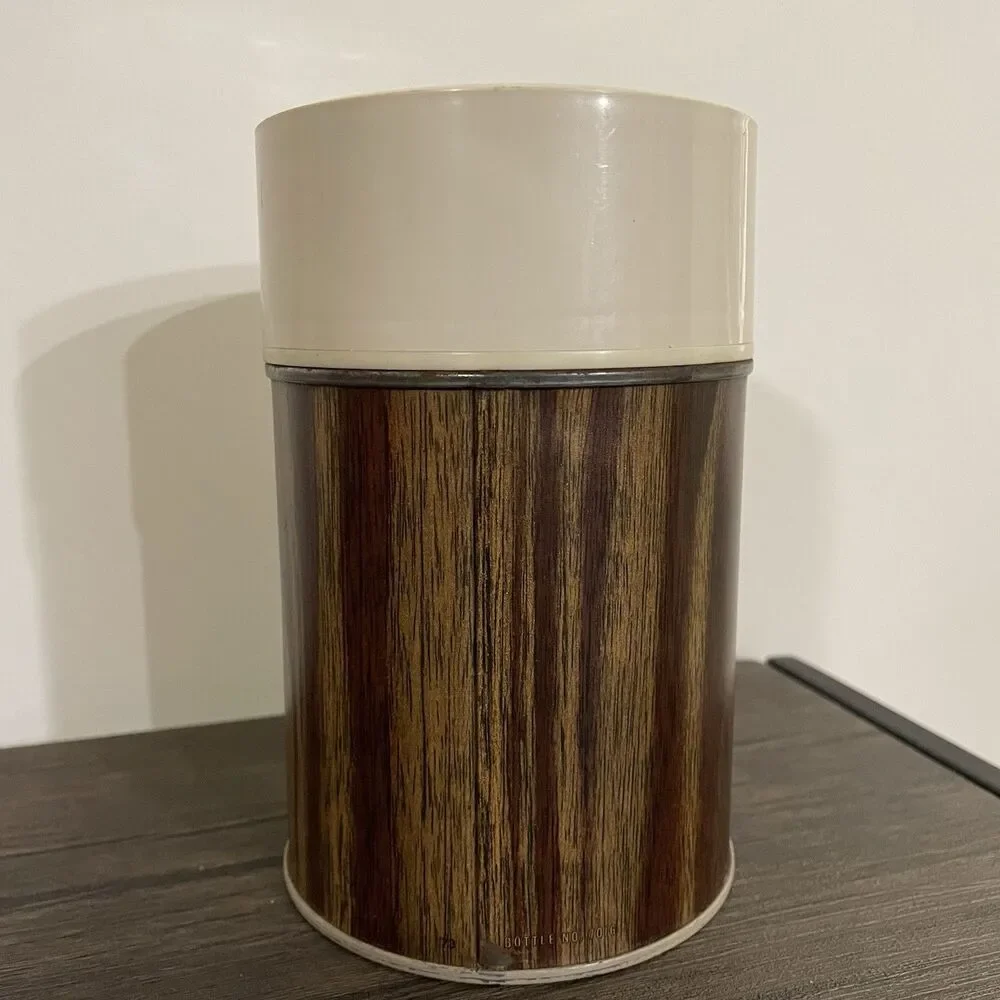 VINTAGE 1970s Wood Grain Thermos King Seeley 10oz Metal 73A63 763 70F Hot & Cold